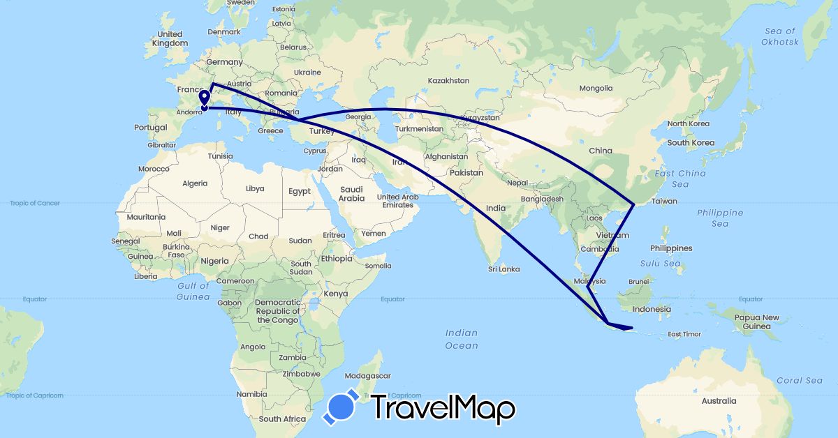 TravelMap itinerary: driving in Switzerland, China, France, Indonesia, Malaysia, Turkey (Asia, Europe)